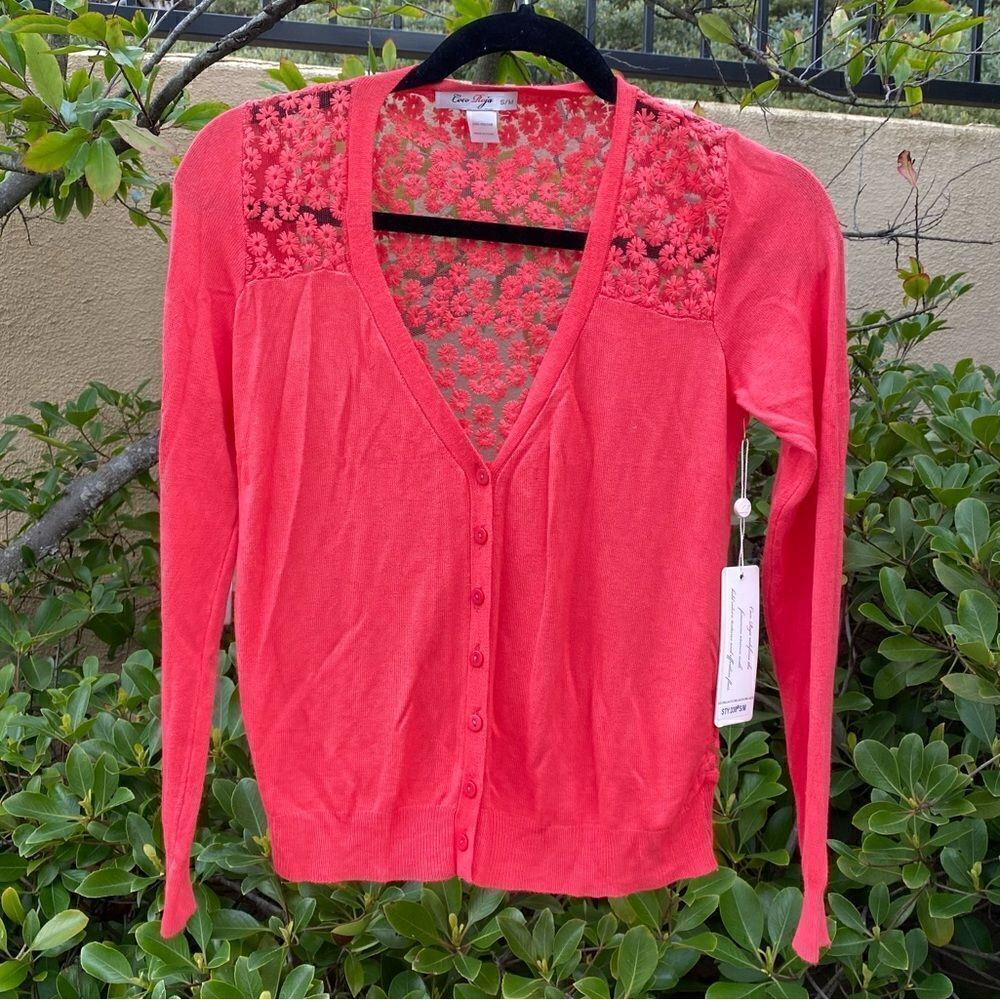 🧥COCO ROJA SWEATER/CARDIGAN Sz S beautiful soft red w/ floral lace. NWT